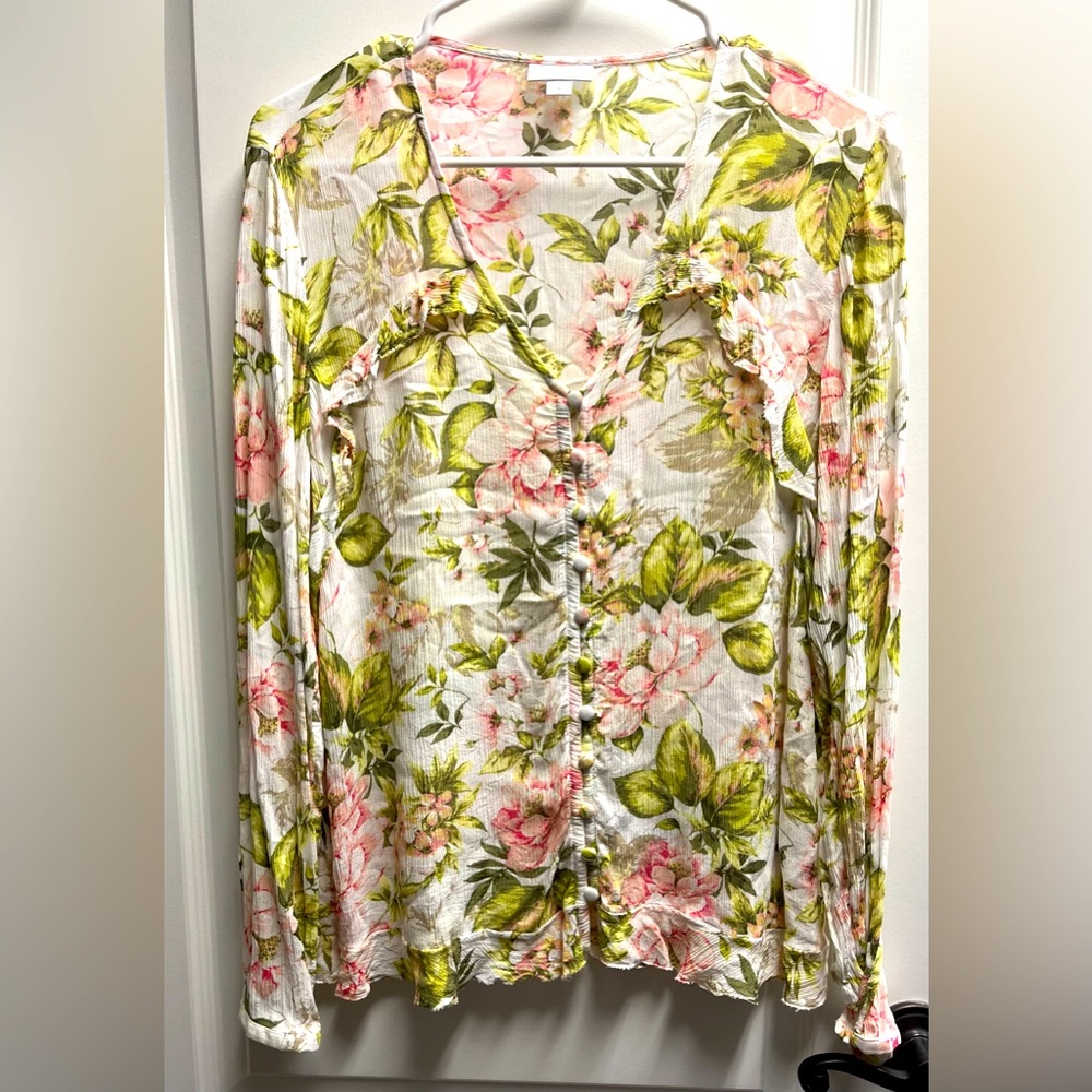 J. Jill Ruffle Floral Pink and Green Rayon Button-Up Blouse Size Medium
